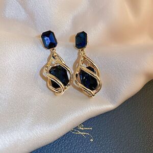 Statement Classic Blue Rhinestone Gold Tone Stud Dangle Earrings Infinity Design